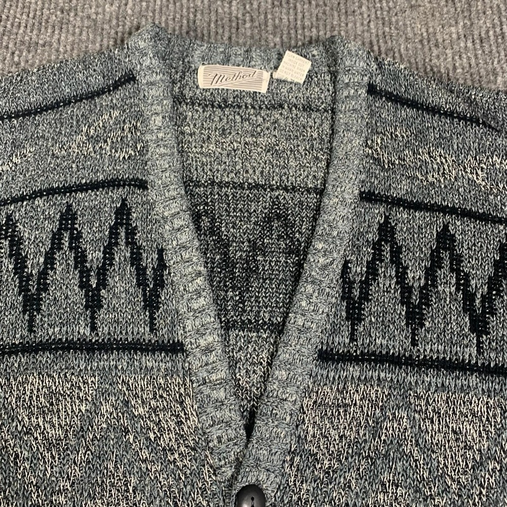 VTG Method Sweater Mens L Gray Cardigan Oversized Baggy Short Retro 90s 3D Knit - Picture 3 of 10